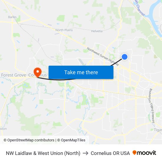 NW Laidlaw & West Union (North) to Cornelius OR USA map