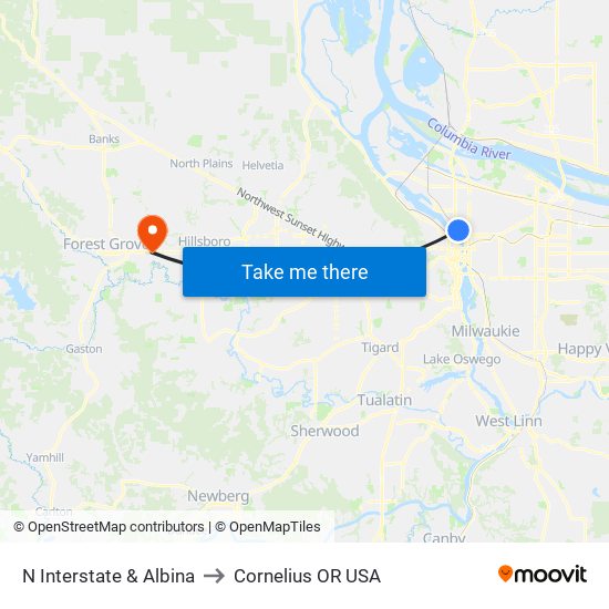 N Interstate & Albina to Cornelius OR USA map