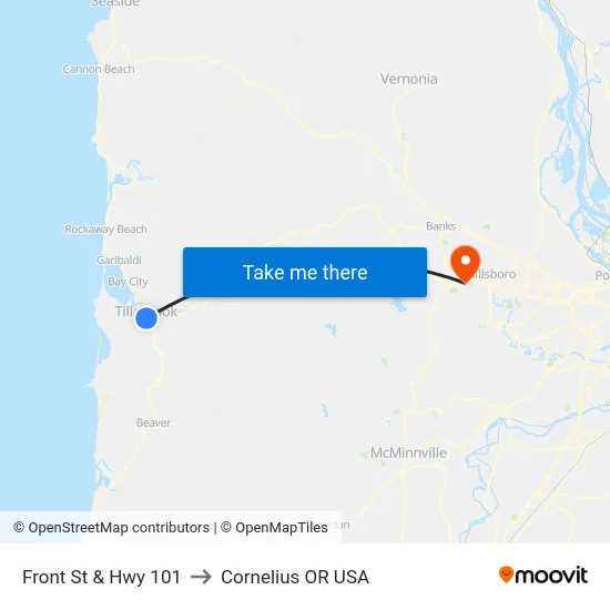 Front St & Hwy 101 to Cornelius OR USA map