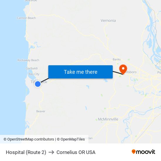 Hospital (Route 2) to Cornelius OR USA map