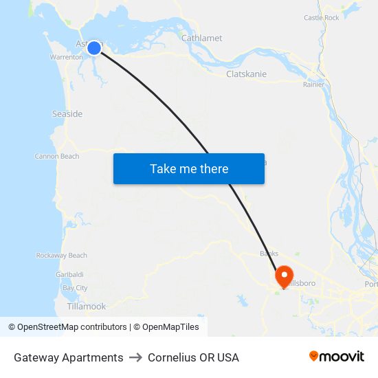 Gateway Apartments to Cornelius OR USA map