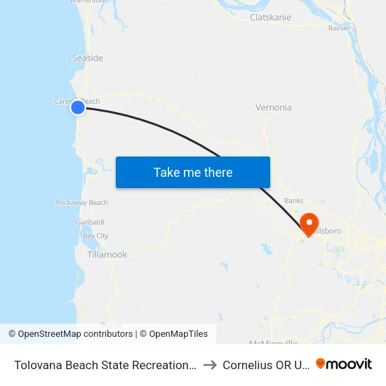 Tolovana Beach State Recreation Site to Cornelius OR USA map