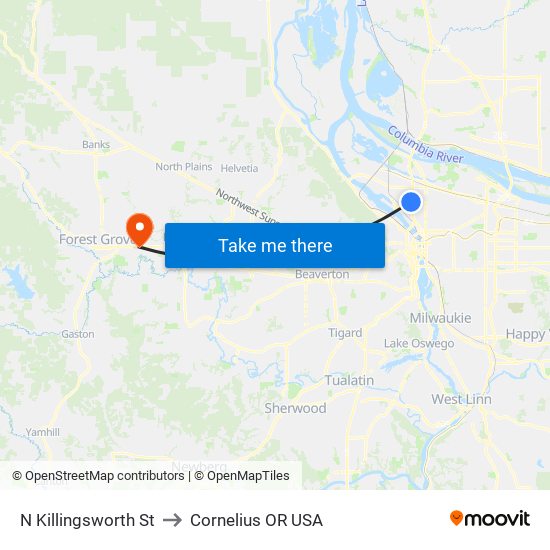 N Killingsworth St to Cornelius OR USA map