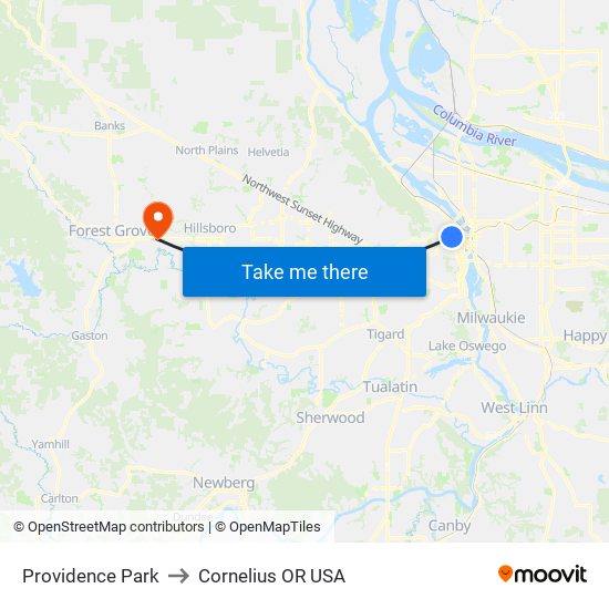 Providence Park to Cornelius OR USA map