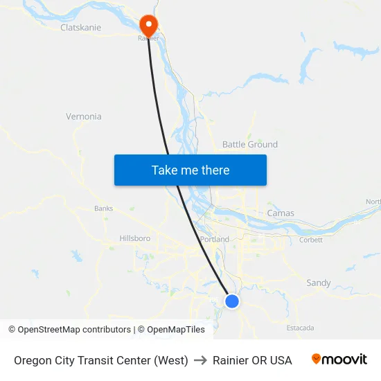 Oregon City Transit Center (West) to Rainier OR USA map