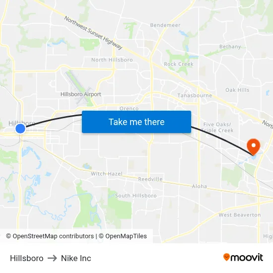 Hillsboro to Nike Inc map
