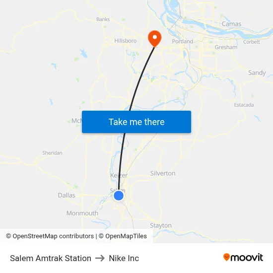 Salem Amtrak Station to Nike Inc map