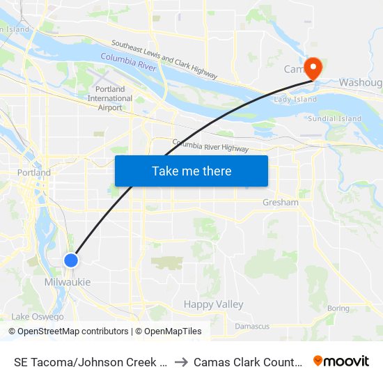SE Tacoma/Johnson Creek Max Station to Camas Clark County WA USA map