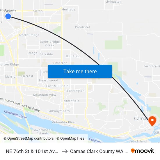 NE 76th St & 101st Ave EB to Camas Clark County WA USA map