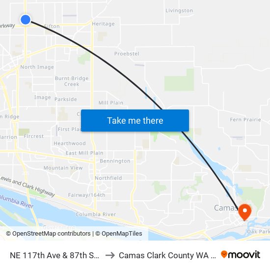 NE 117th Ave & 87th St NB to Camas Clark County WA USA map