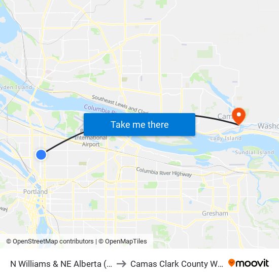 N Williams & NE Alberta (North) to Camas Clark County WA USA map