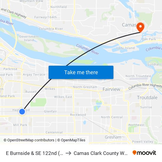 E Burnside & SE 122nd (East) to Camas Clark County WA USA map