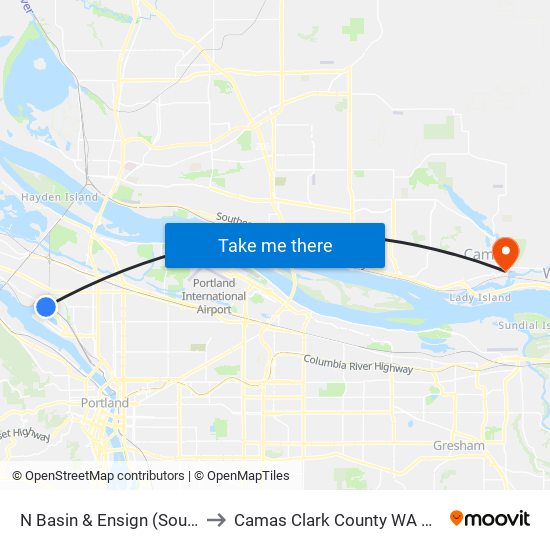 N Basin & Ensign (South) to Camas Clark County WA USA map