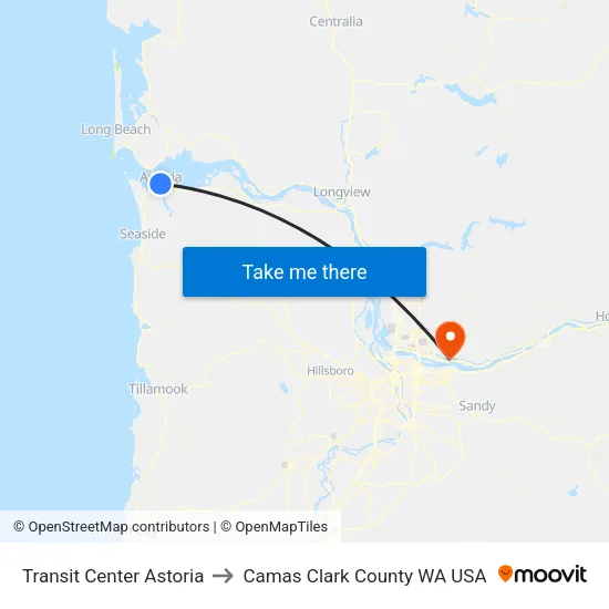 Transit Center Astoria to Camas Clark County WA USA map