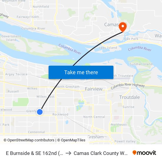 E Burnside & SE 162nd (East) to Camas Clark County WA USA map