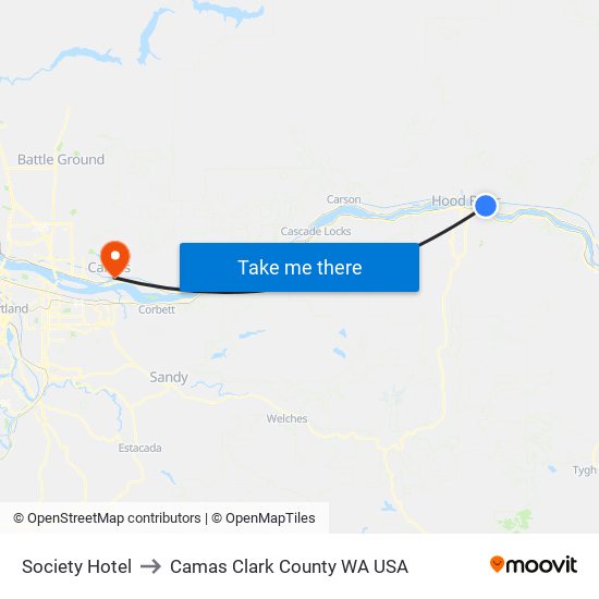 Society Hotel to Camas Clark County WA USA map