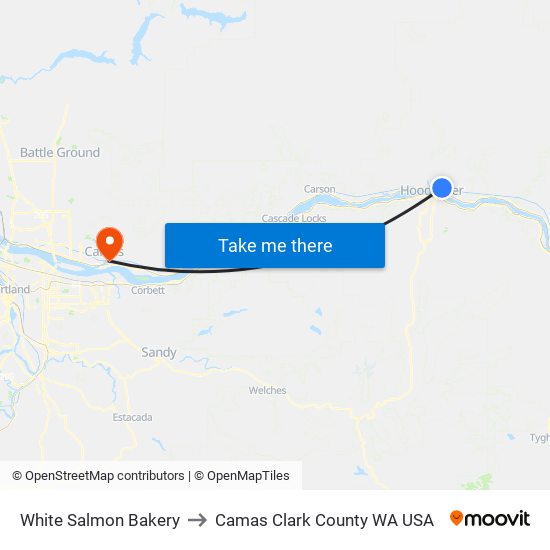 White Salmon Bakery to Camas Clark County WA USA map