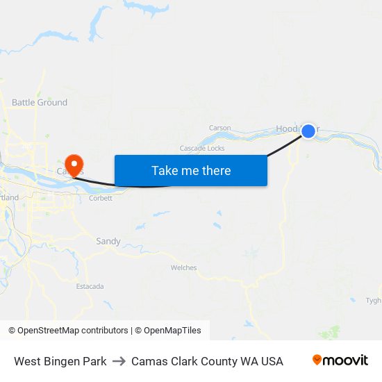 West Bingen Park to Camas Clark County WA USA map