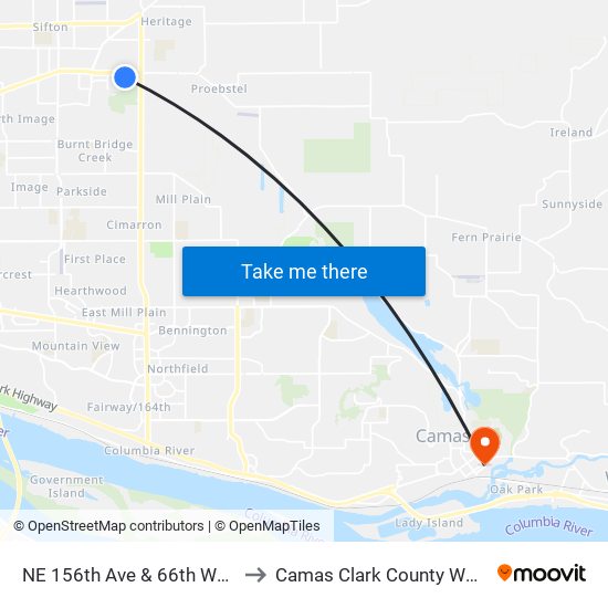 NE 156th Ave & 66th Way NB to Camas Clark County WA USA map