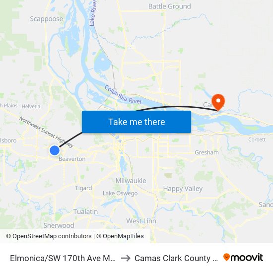 Elmonica/SW 170th Ave Max Station to Camas Clark County WA USA map