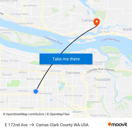 E 172nd Ave to Camas Clark County WA USA map