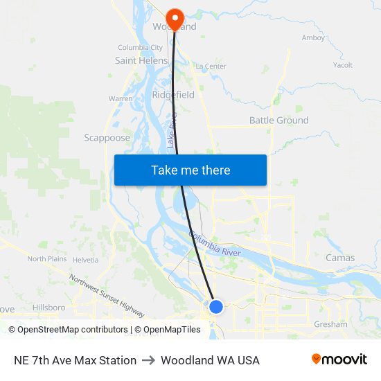 NE 7th Ave Max Station to Woodland WA USA map