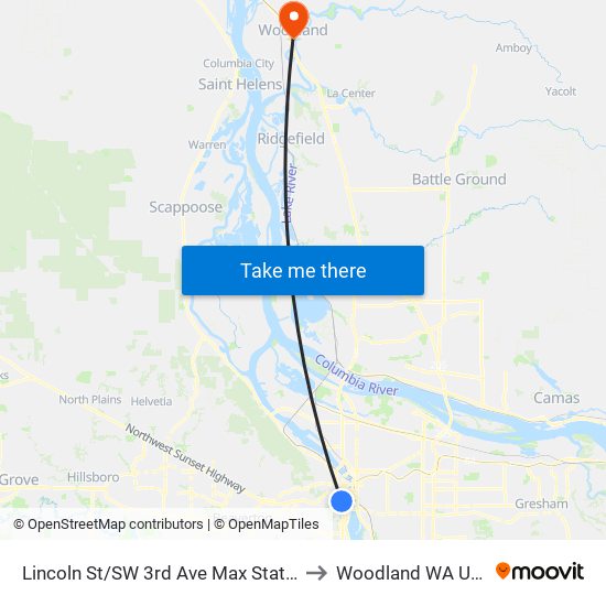 Lincoln St/SW 3rd Ave Max Station to Woodland WA USA map