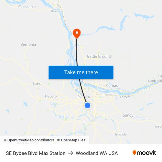 SE Bybee Blvd Max Station to Woodland WA USA map