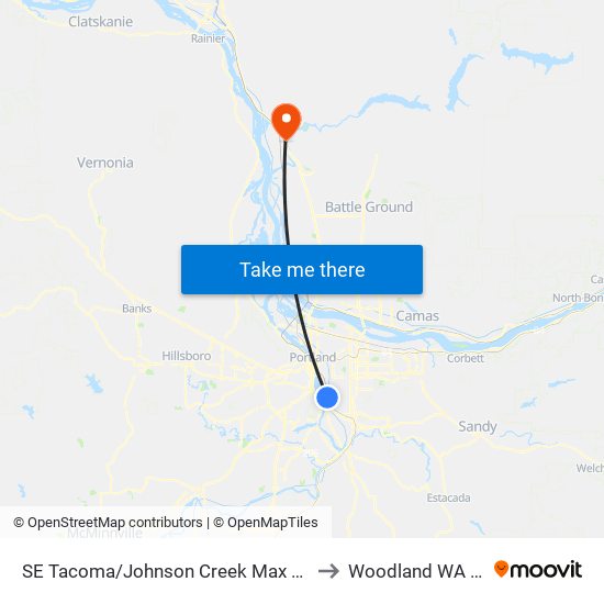 SE Tacoma/Johnson Creek Max Station to Woodland WA USA map