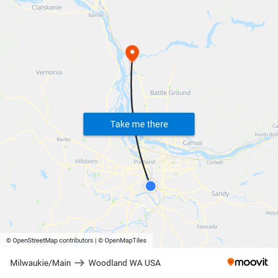 Milwaukie/Main to Woodland WA USA map