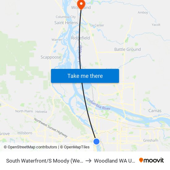 South Waterfront/S Moody (West) to Woodland WA USA map