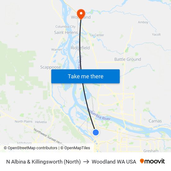 N Albina & Killingsworth (North) to Woodland WA USA map