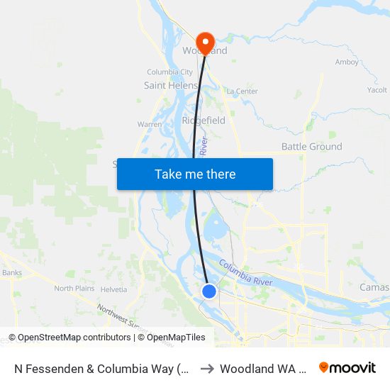 N Fessenden & Columbia Way (East) to Woodland WA USA map