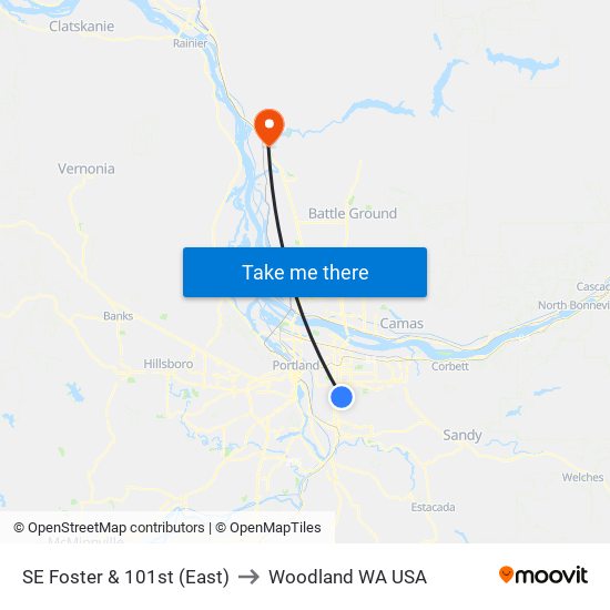 SE Foster & 101st (East) to Woodland WA USA map