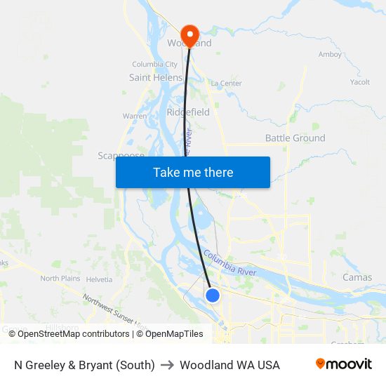 N Greeley & Bryant (South) to Woodland WA USA map