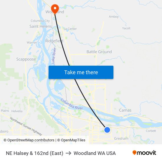 NE Halsey & 162nd (East) to Woodland WA USA map