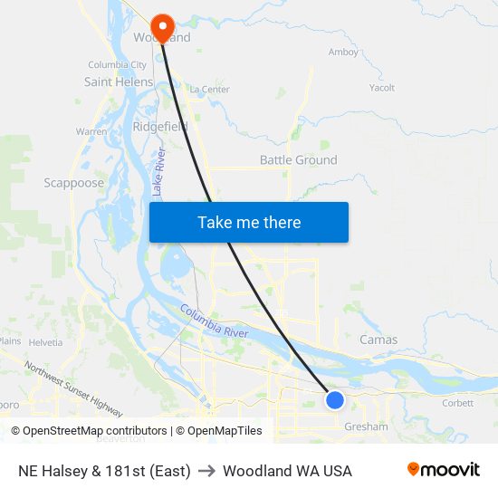 NE Halsey & 181st (East) to Woodland WA USA map