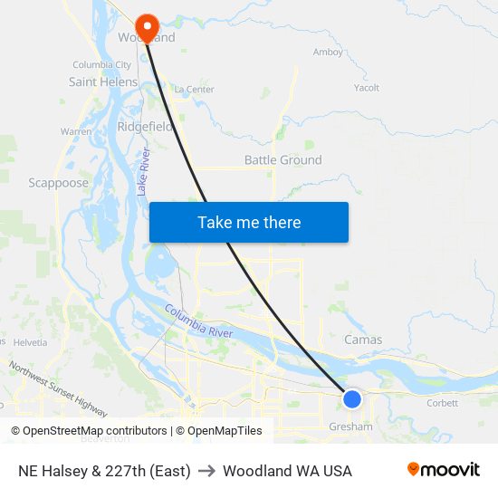 NE Halsey & 227th (East) to Woodland WA USA map