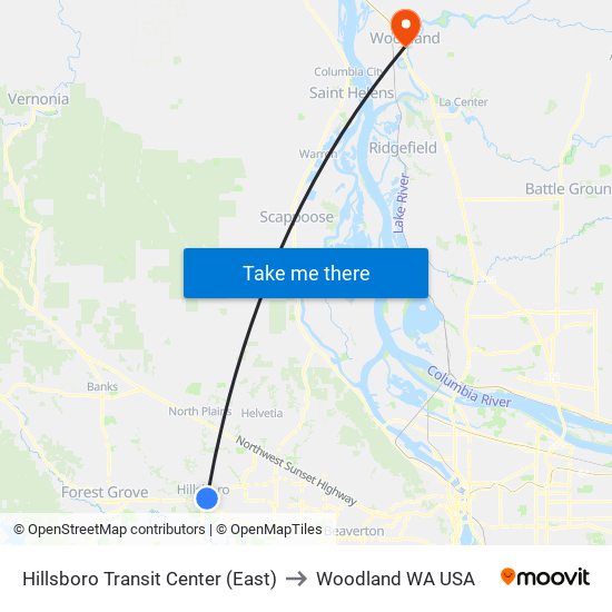 Hillsboro Transit Center (East) to Woodland WA USA map