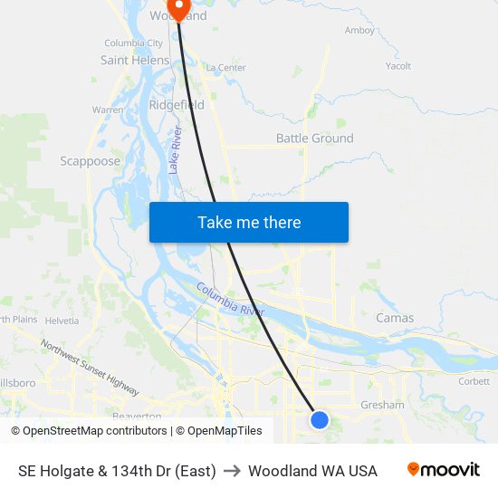 SE Holgate & 134th Dr (East) to Woodland WA USA map