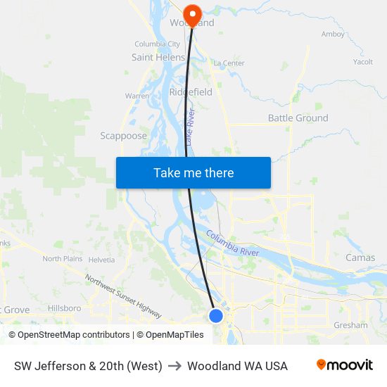 SW Jefferson & 20th (West) to Woodland WA USA map