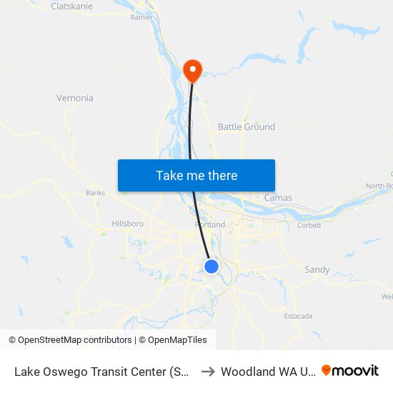 Lake Oswego Transit Center (South) to Woodland WA USA map