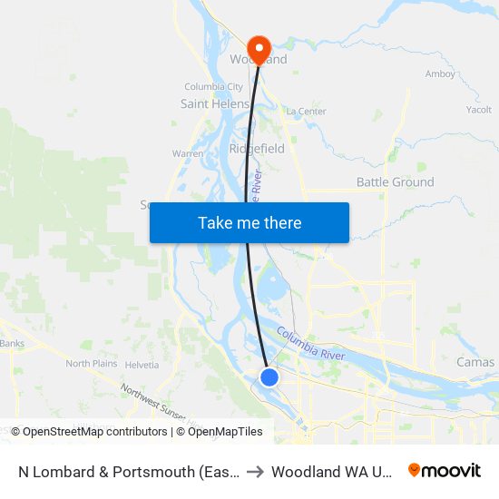 N Lombard & Portsmouth (East) to Woodland WA USA map