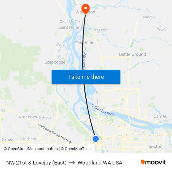 NW 21st & Lovejoy (East) to Woodland WA USA map