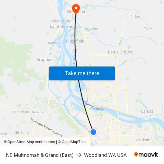 NE Multnomah & Grand (East) to Woodland WA USA map