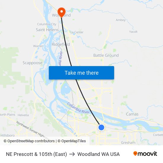 NE Prescott & 105th (East) to Woodland WA USA map