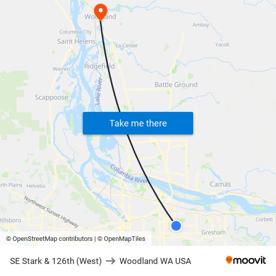 SE Stark & 126th (West) to Woodland WA USA map