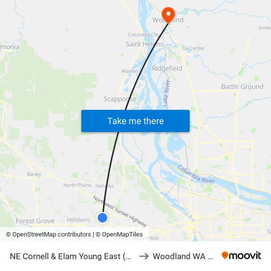 NE Cornell & Elam Young East (East) to Woodland WA USA map