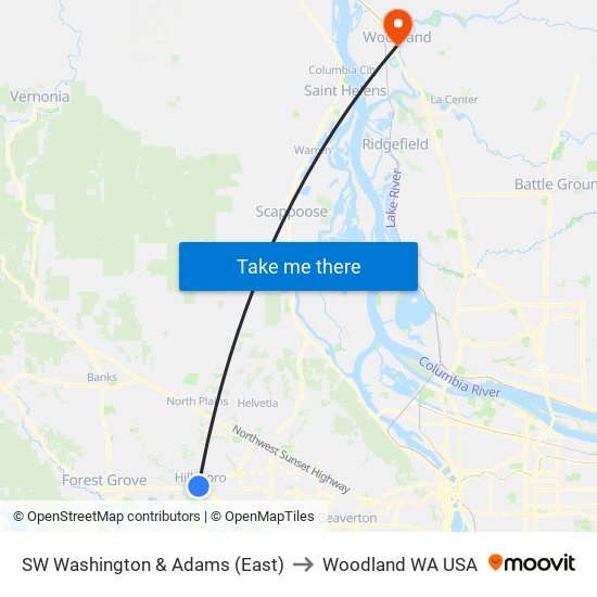 SW Washington & Adams (East) to Woodland WA USA map