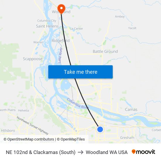 NE 102nd & Clackamas (South) to Woodland WA USA map